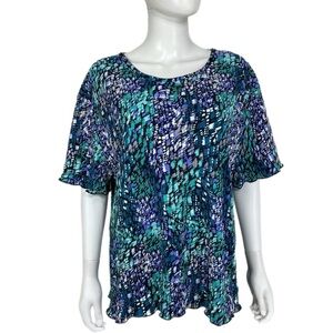 Blouseworks by Venture III Green Lavender Print Design Office Blouse